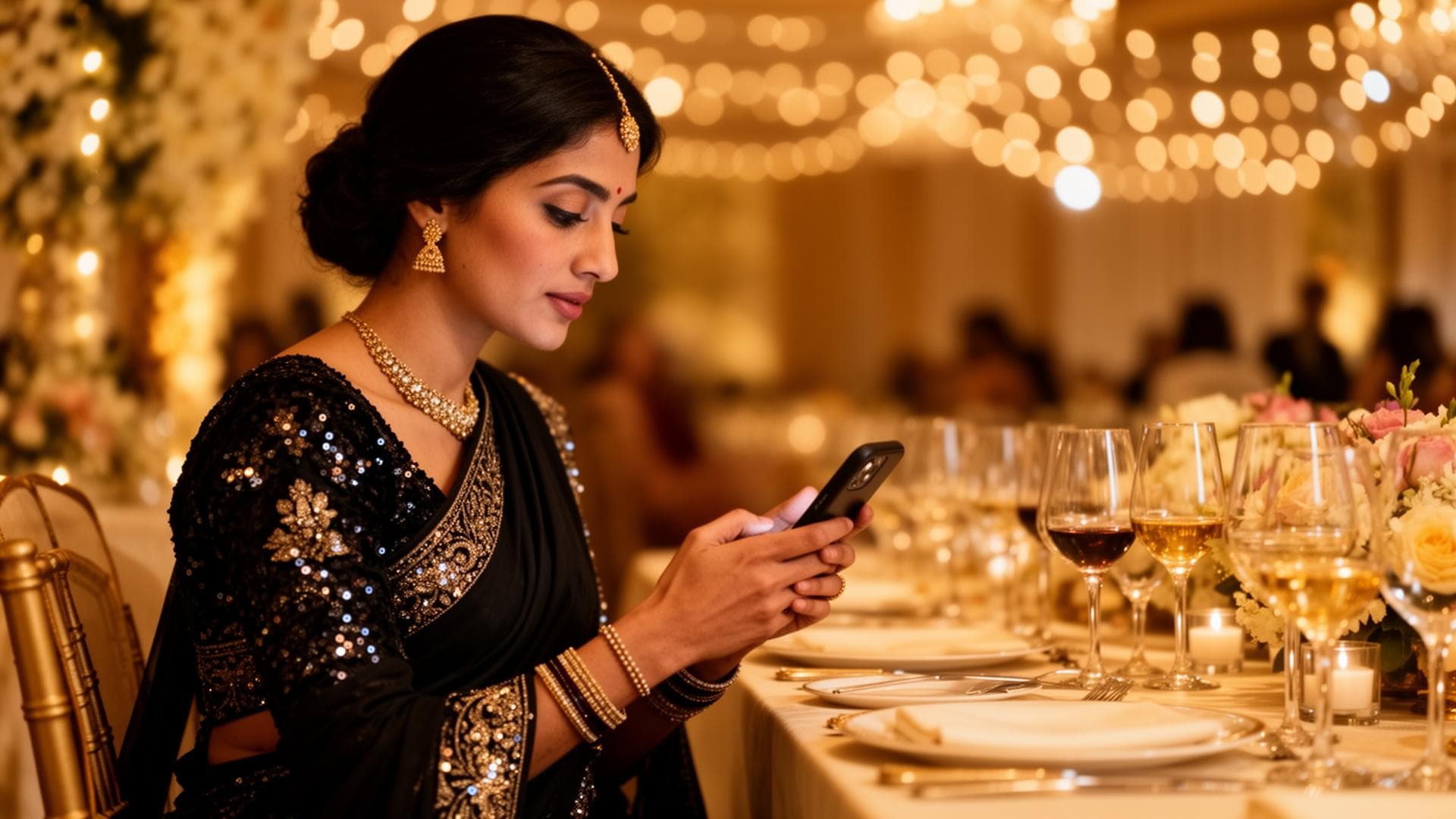 Woman using phone at event